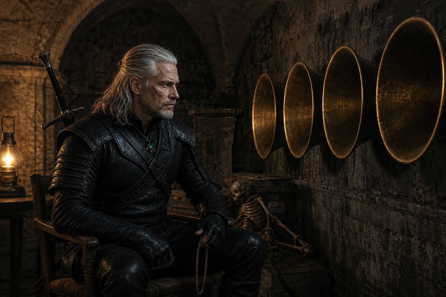 Geralt nasłuchuje przy czterech mosiężnych trąbach w sekretnej komnacie pod Pomerol.