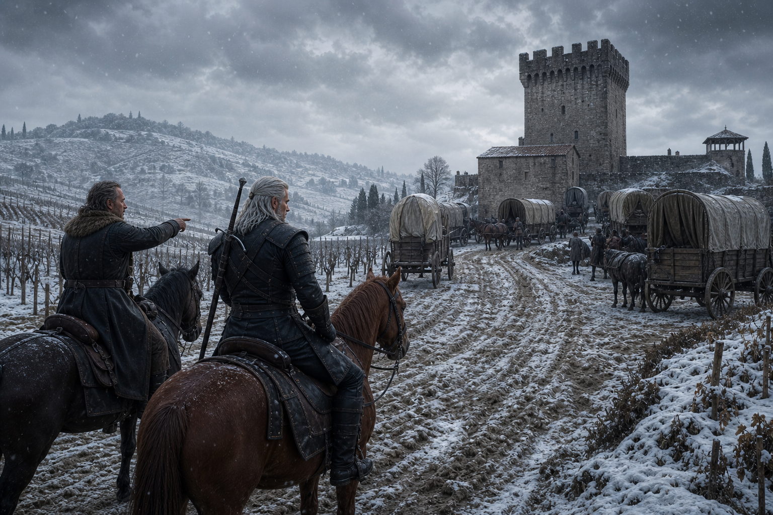 Geralt i Fierabras oglądają kryte wozy kupców stojące pod zimowym zamkiem Pomerol.