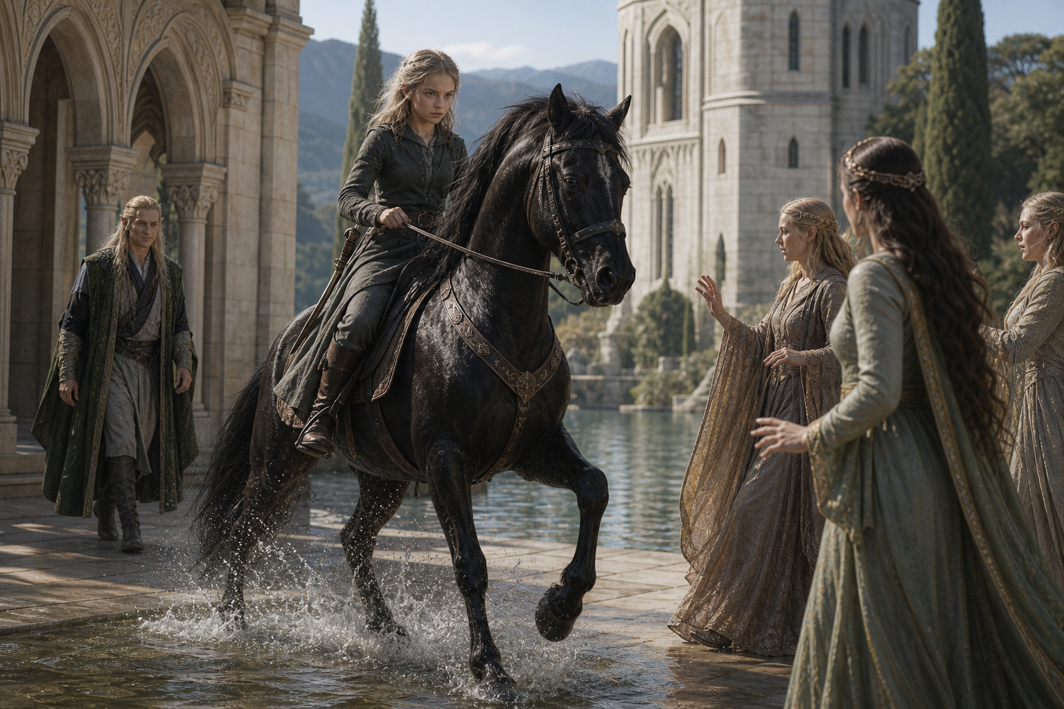 Ciri na Kelpie hamuje w bryzgach przed Avallac'hem i elfkami na dziedzińcu pod wieżą.