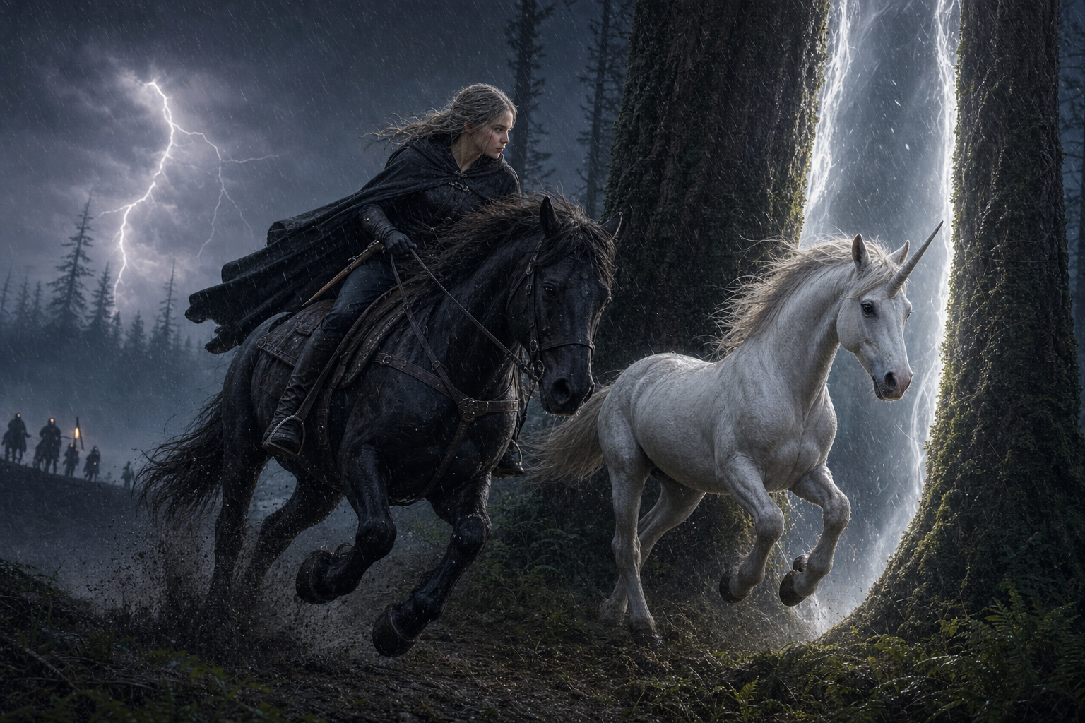Ciri na Kelpie i biały Ihuarraquax wskakują w szczelinę światła pośród burzy i olch.