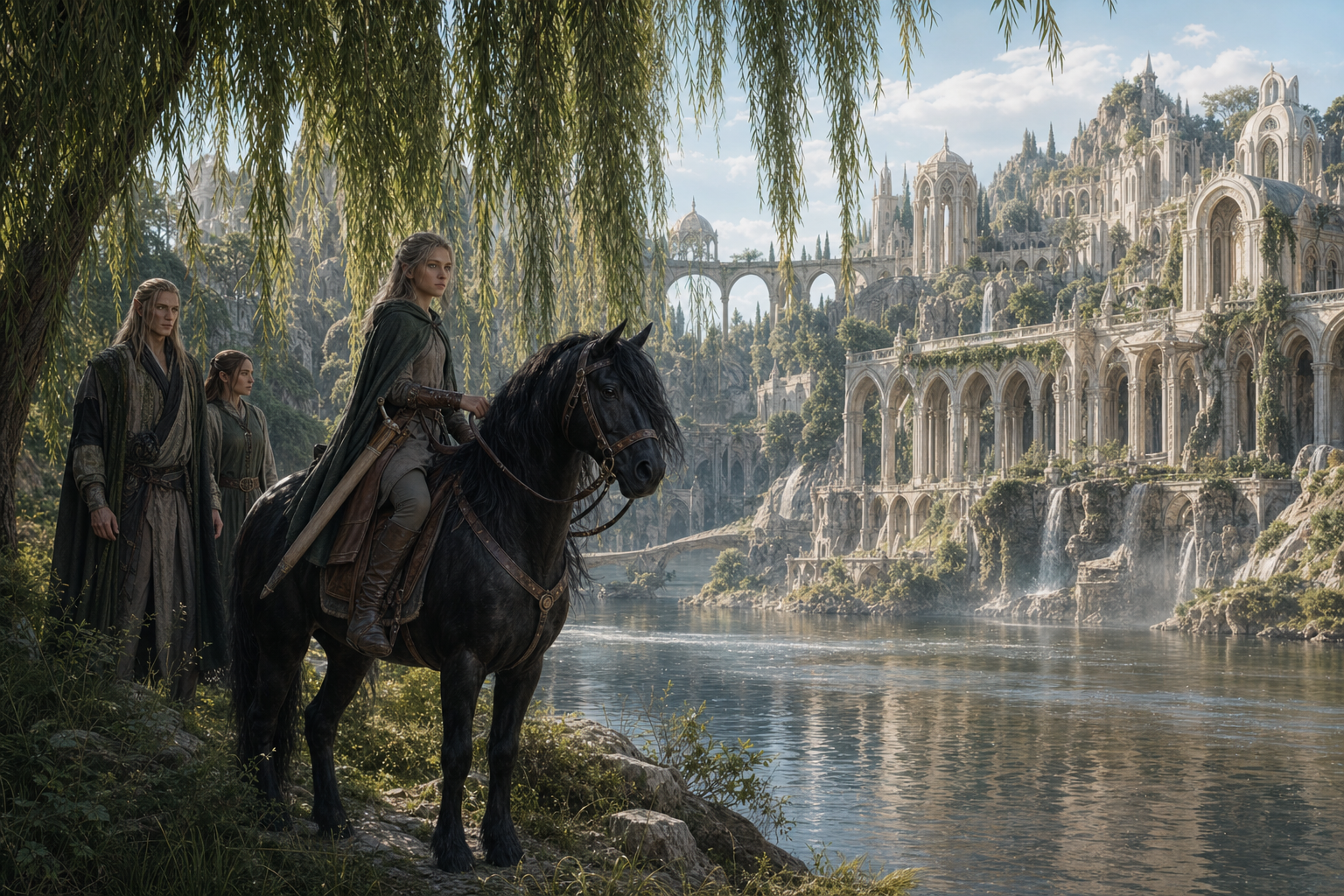 Ciri na Kelpie ogląda ażurowe pałace Tir ná Lia nad brunatną rzeką Easnadh.