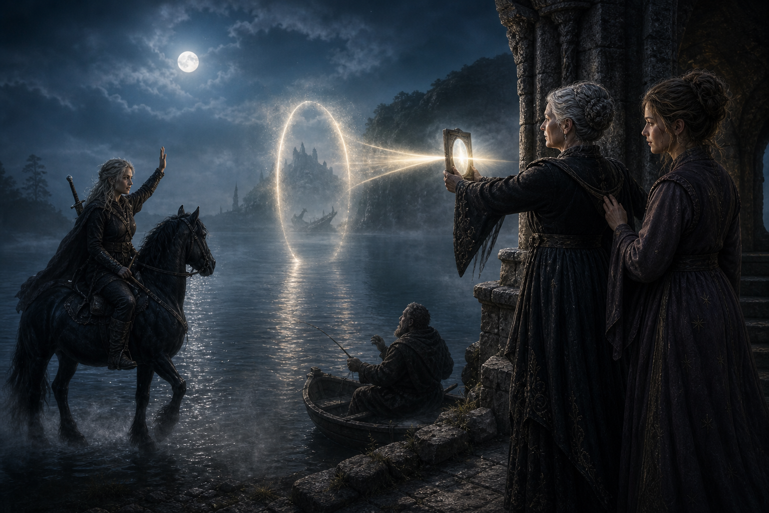 Ciri na Kelpie odpowiada Nimue przed świetlistą Bramą Światów otwartą nad jeziorem Inis Vitre.