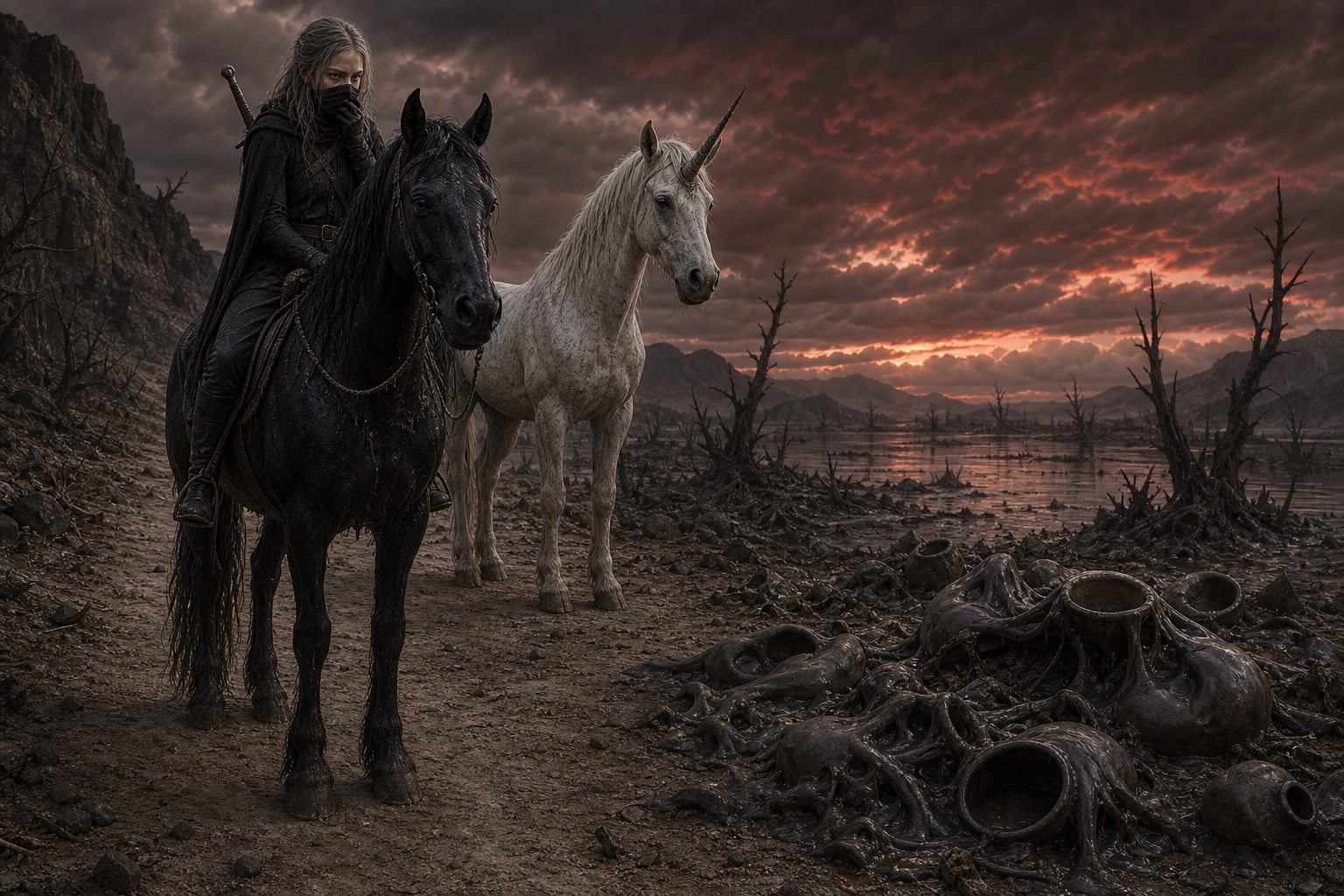 Ciri na Kelpie i Ihuarraquax stoją na równej drodze nad czarnym jeziorem martwego świata.