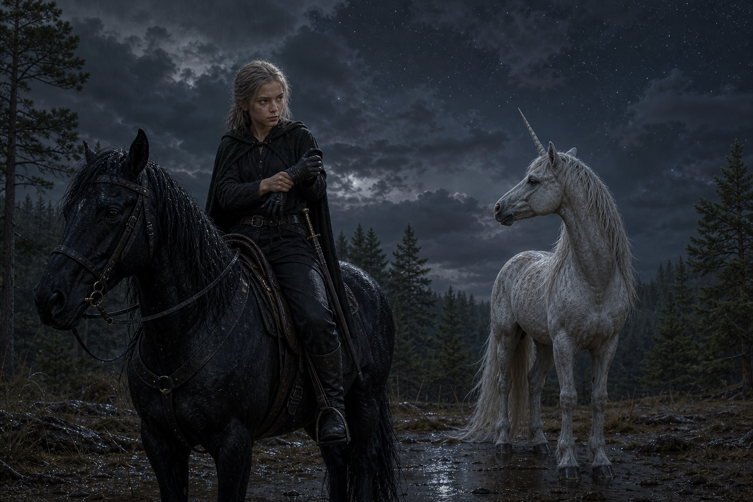 Ciri naciąga rękawice na Kelpie, gdy Ihuarraquax ponagla ją pod gasnącymi gwiazdami obcego świata.