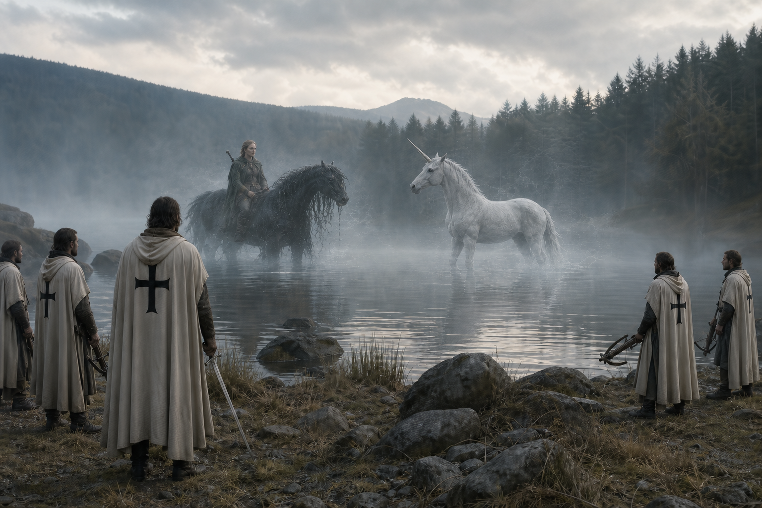 Zakonny rycerz i kusznicy widzą nad mglistym jeziorem Ciri na Kelpie oraz białego jednorożca.