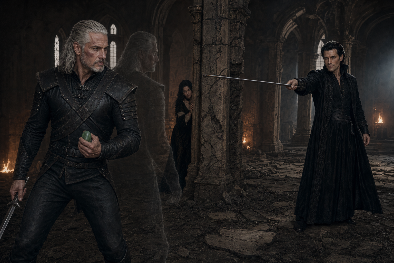 Geralt po wcześniejszych ciosach, bez otwartych ran, sihill w drugiej dłoni; amulet gładki, zielony, bez wilczej głowy. Vilgefortz z asymetrycznymi oczami; Yennefer z krwią wyłącznie z nosa. Zrujnowana halla, ogień i pył. Referencje `geralt-z-rivii`, `vilgefortz`, `yennefer-z-vengerbergu`; `zamek-stygga`.