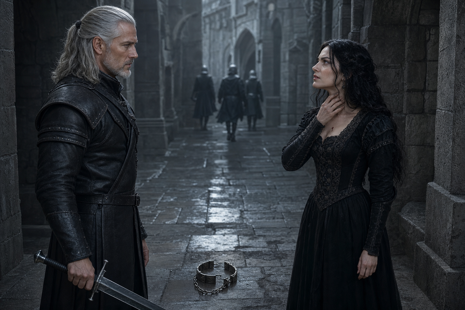 Geralt zmęczony, bez medalionu; Yennefer w pełnej zniszczonej czarnej sukni, dłonie zdeformowane po torturach, jedna mała kropla krwi przy szyi. Korytarz Styggi, dzień, zimne światło. Referencje `geralt-z-rivii`, `yennefer-z-vengerbergu`; `zamek-stygga`.