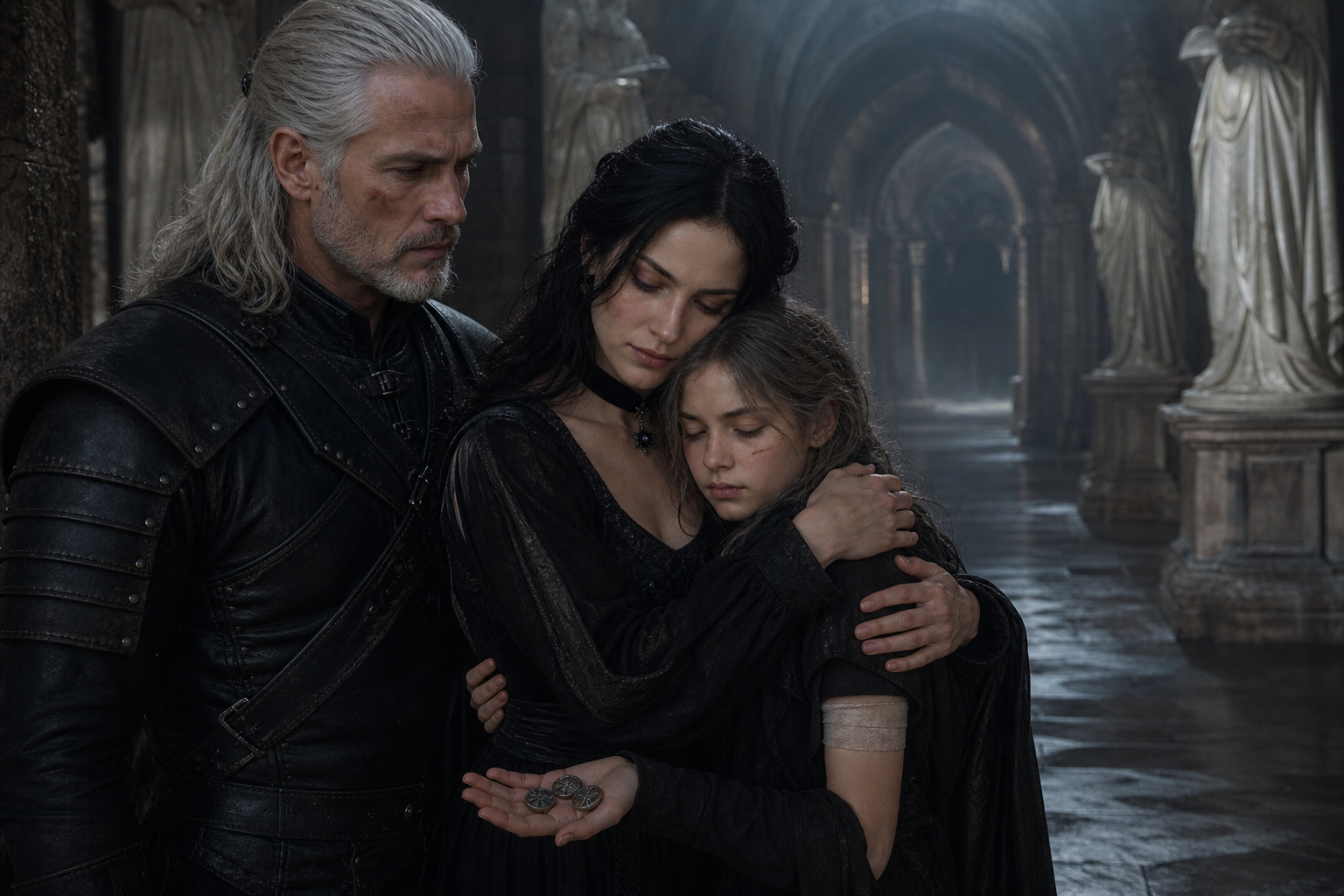 Ciri z rannym ramieniem, włosami nadal wyłącznie mysiopopielatymi i trzema medalionami w dłoni; Yennefer wyczerpana, zdeformowane palce; Geralt potłuczony, bez starego medalionu. Korytarz Styggi, wieczór, dym. Referencje trójki — identity; `zamek-stygga`.