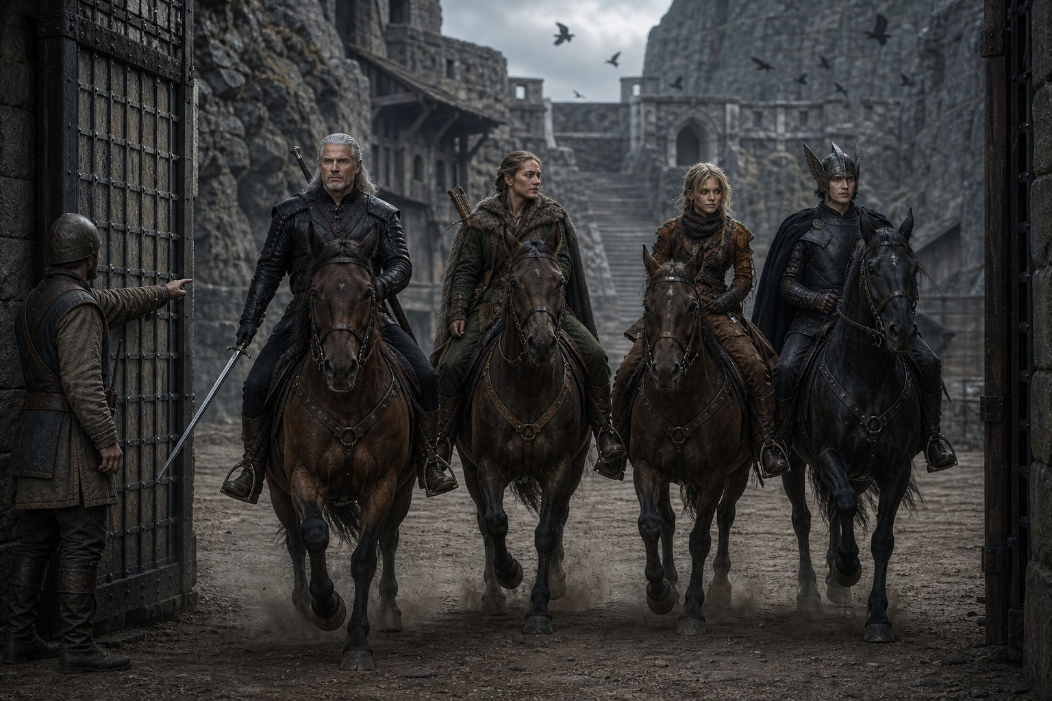 Geralt bez starego medalionu, sihill w dłoni; Milva krótkowłosa, Angoulême pełnoprawna członkini hanzy, Cahir bez wcześniejszego bandaża; poprawne konie i uprzęże. Stygga, dzień, kurz i czarne ptaki. Referencje czterech członków hanzy i Boreasa — identity; `zamek-stygga` — architektura.