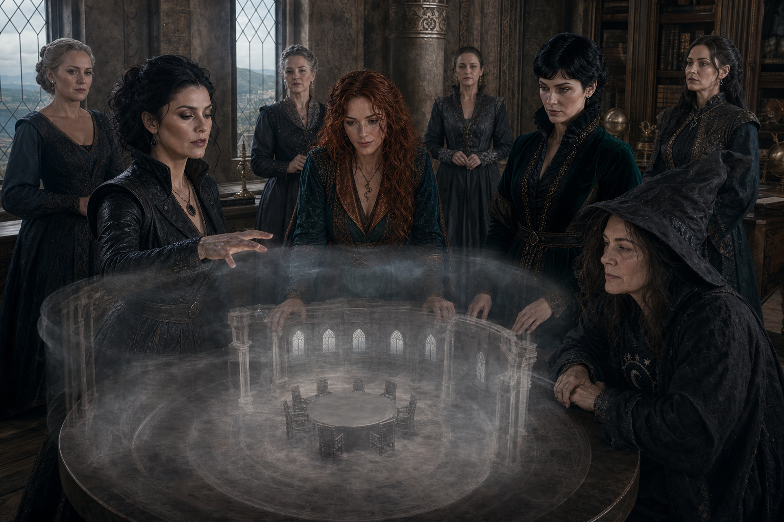 Filippa, Triss i Fringilla na pierwszym planie; Assire, Francesca, Ida, Margarita, Sabrina, Keira i Sheala rozpoznawalne sylwetkami i barwami, wszystkie w pełnych strojach. Cintra, dzień, komnata nad hallą. Projekcja bez tekstu i interfejsu. Referencje widocznych członkiń loży — identity; `cintra` — location continuity.
