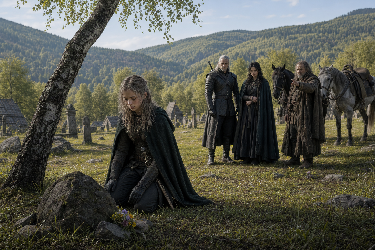 Ciri nieletnia, pełny ciemny strój, lewa blizna i białe pasemka po Stygdze, Zireael w pochwie; Geralt bez starego medalionu, Yennefer w czerni; Kelpie kara. Zazdrość, pogodny wiosenny dzień. Referencje `ciri`, `geralt-z-rivii`, `yennefer-z-vengerbergu`, `kulas`; `zazdrosc` — location continuity.