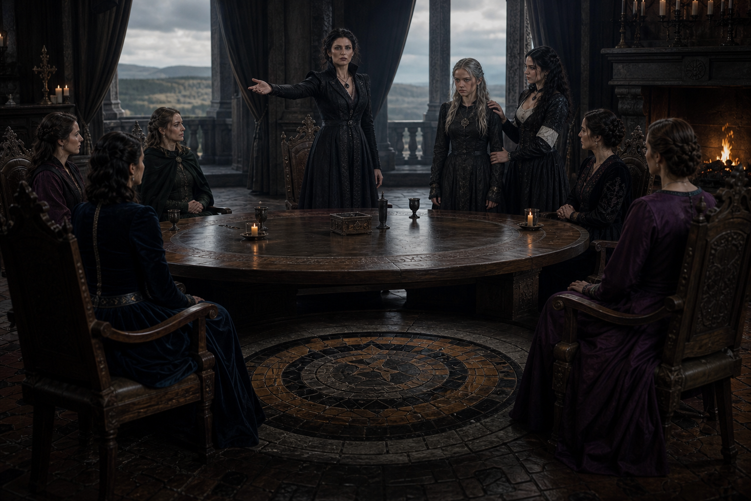 Filippa, Ciri i Yennefer zgodne z P16; pełna loża jako rozpoznawalne, lecz spokojne tło. Montecalvo, późne popołudnie, chłodny wiatr z otwartego okna. Mozaika bez liter. Referencje `filippa-eilhart`, `ciri`, `yennefer-z-vengerbergu`; `montecalvo`.