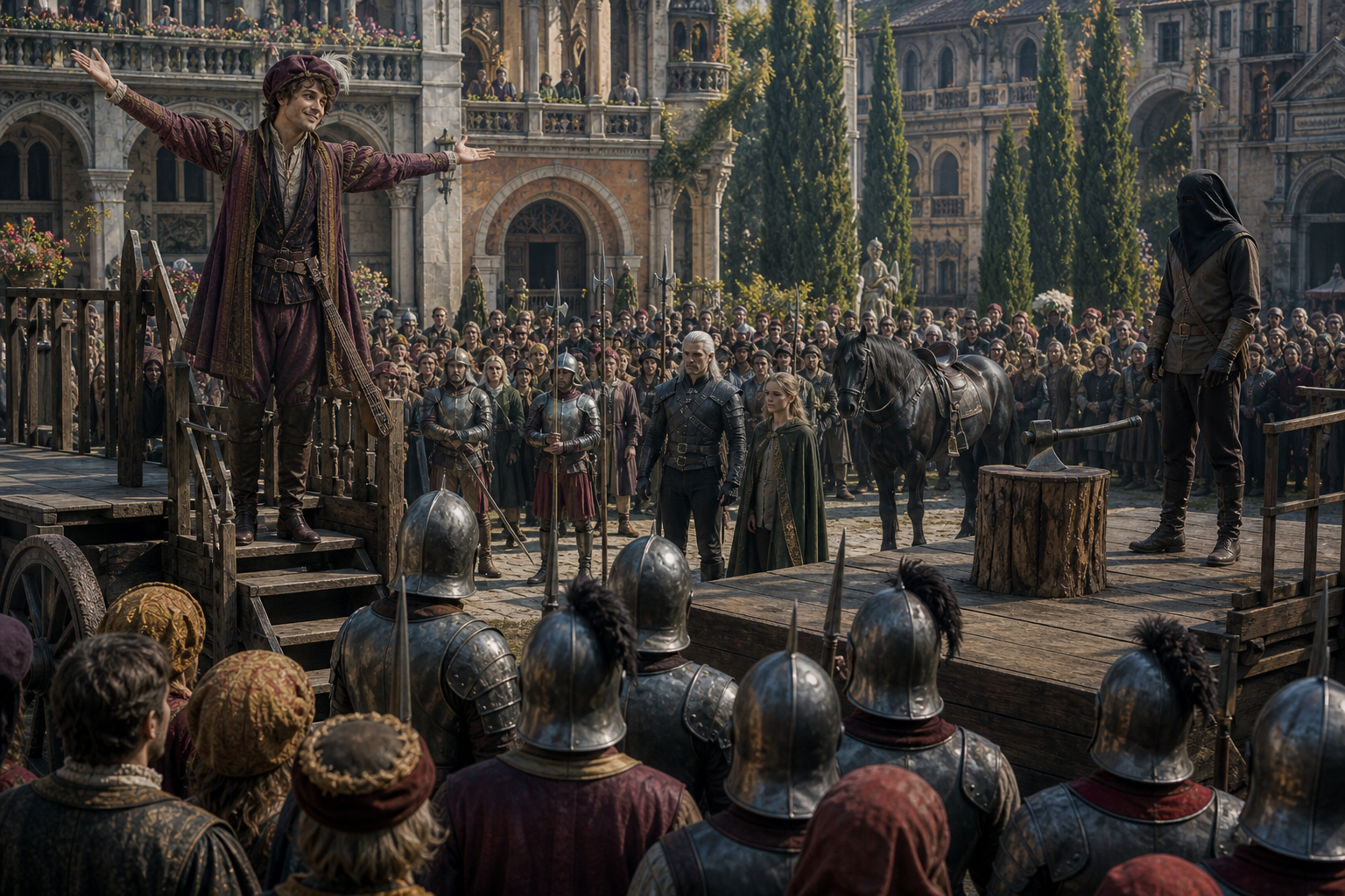 Jaskier w eleganckim, lecz pomiętym stroju skazańca, bez więzów eksponowanych; Geralt i Ciri w podróży, Kelpie w tle. Beauclair, słoneczne przedpołudnie. `jaskier`, `geralt-z-rivii`, `ciri`; `beauclair` — location continuity.