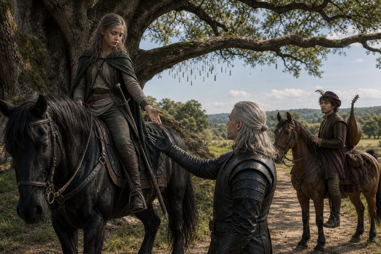 Ciri nieletnia, pełny podróżny strój, blizna i białe pasemka, Zireael; Geralt bez starego medalionu; Jaskier z lutnią. Rozstaj za Koprzywnicą, 26 maja, pogodny dzień. Deszczułki bez liter. Referencje `ciri`, `geralt-z-rivii`, `jaskier`; termin `drzewo-wiadomosci` dla formy drzewa.
