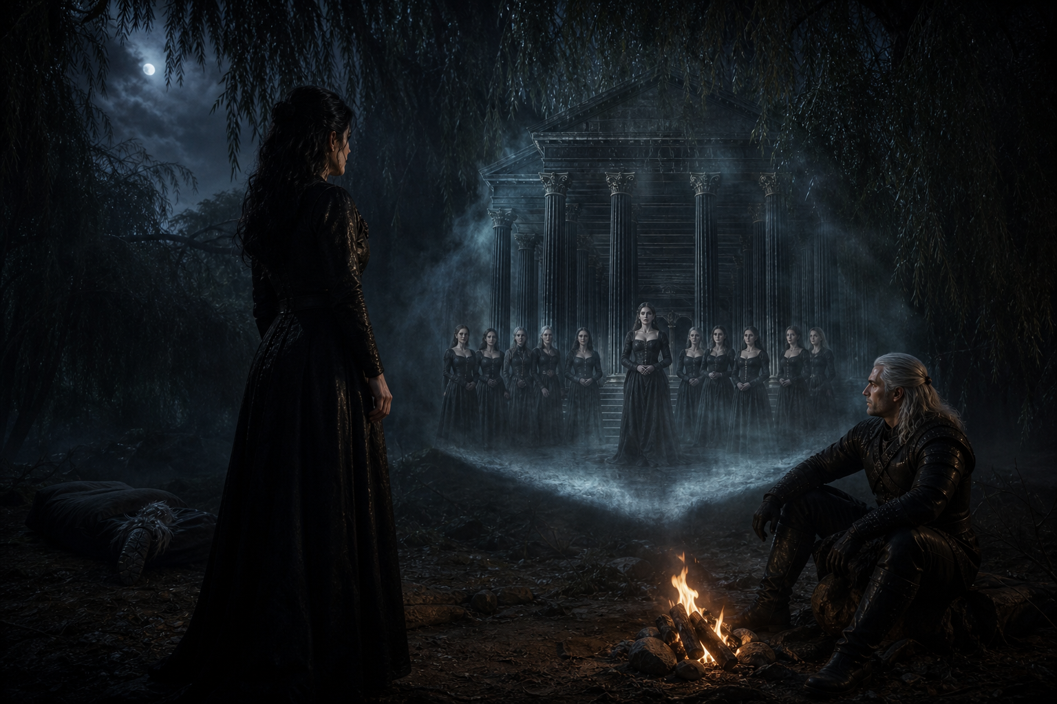 Yennefer w czerni, Geralt w podróżnym stroju; loża tylko jako odległe, rozpoznawalne sylwetki, Filippa centralnie. Kotlinka wśród wierzb, majowa noc, bez deszczu. `yennefer-z-vengerbergu`, `geralt-z-rivii`, `filippa-eilhart` — identity; `montecalvo` — tylko architektura projekcji.