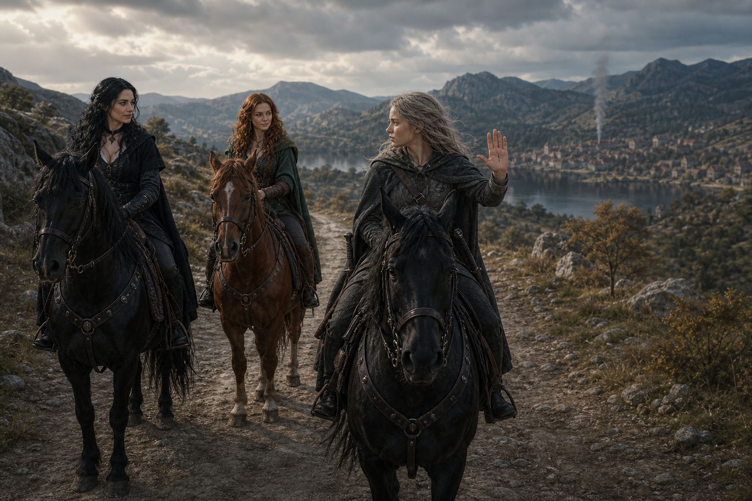 Ciri nieletnia, pełny strój, lewa blizna, białe pasemka, Zireael w pochwie; Kelpie kara. Yennefer i Triss konno, bez obrażeń z miasta. Okolice Rivii, południe, sucho, dym. Referencje `ciri`, `yennefer-z-vengerbergu`, `triss-merigold`; `rivia`, `kelpie`.