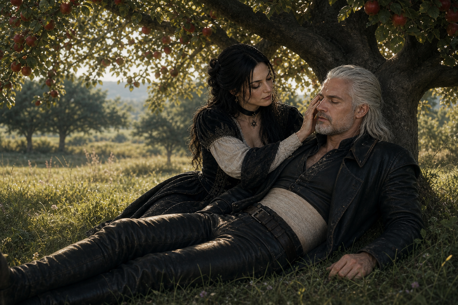 Geralt z ciasnym, czystym bandażem wokół brzucha, pełno ubrany; Yennefer również w pełnym stroju, obrażenia twarzy złagodzone, lecz obecne. Nieznany sad, ciepły bezwietrzny dzień, złote światło. Referencje `geralt-z-rivii`, `yennefer-z-vengerbergu` — identity; brak referencji miejsca, bo świat nierozstrzygnięty.