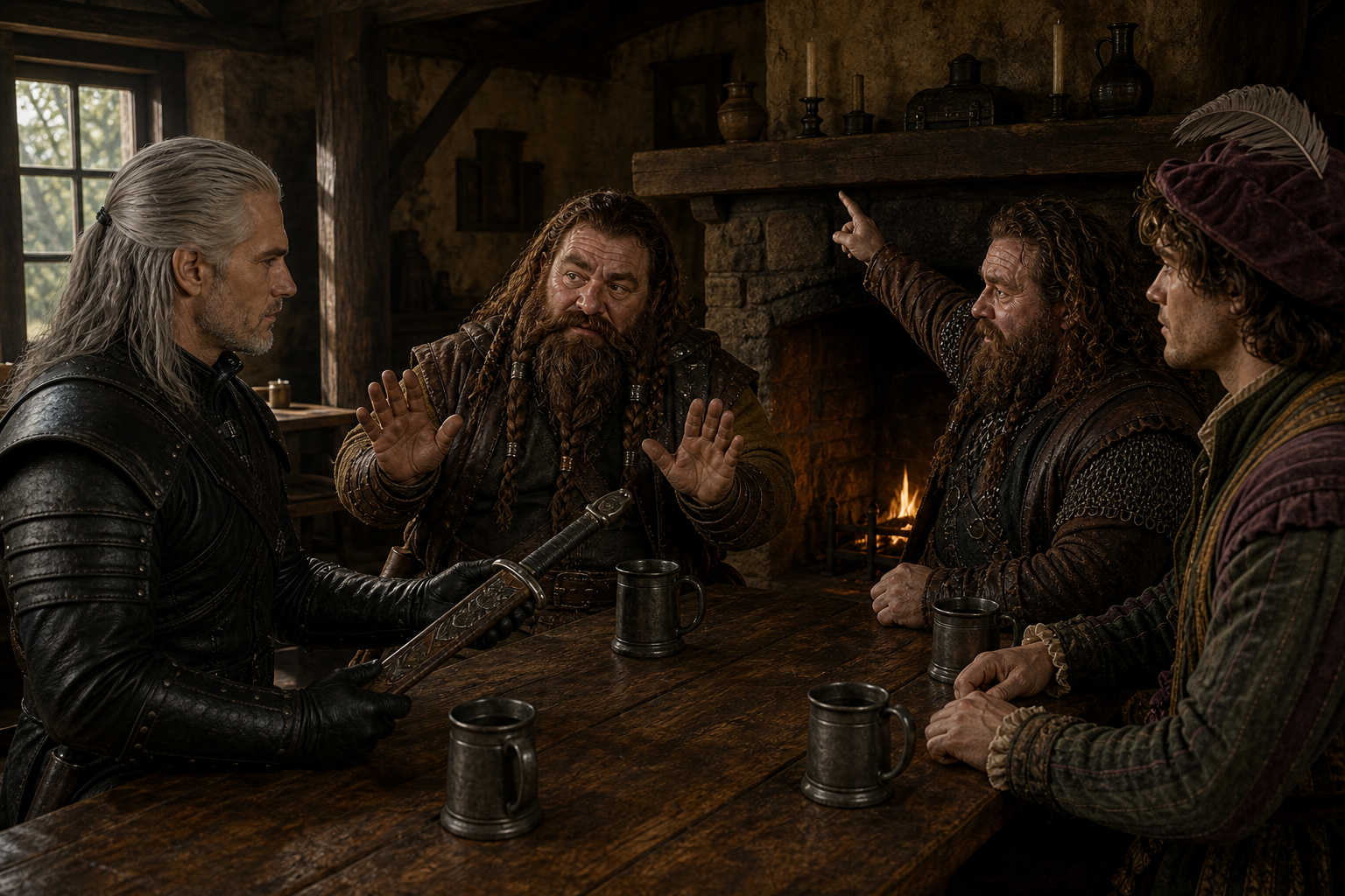Geralt bez miecza na plecach po zdjęciu sihilla, bez starego medalionu; Zoltan i Yarpen w cywilnych strojach; Jaskier słucha z boku. Wnętrze gospody, południe, ogień w kominie. Referencje `geralt-z-rivii`, `zoltan-chivay`, `yarpen-zigrin`, `jaskier`; `sihill` dla gnomiej klingi.