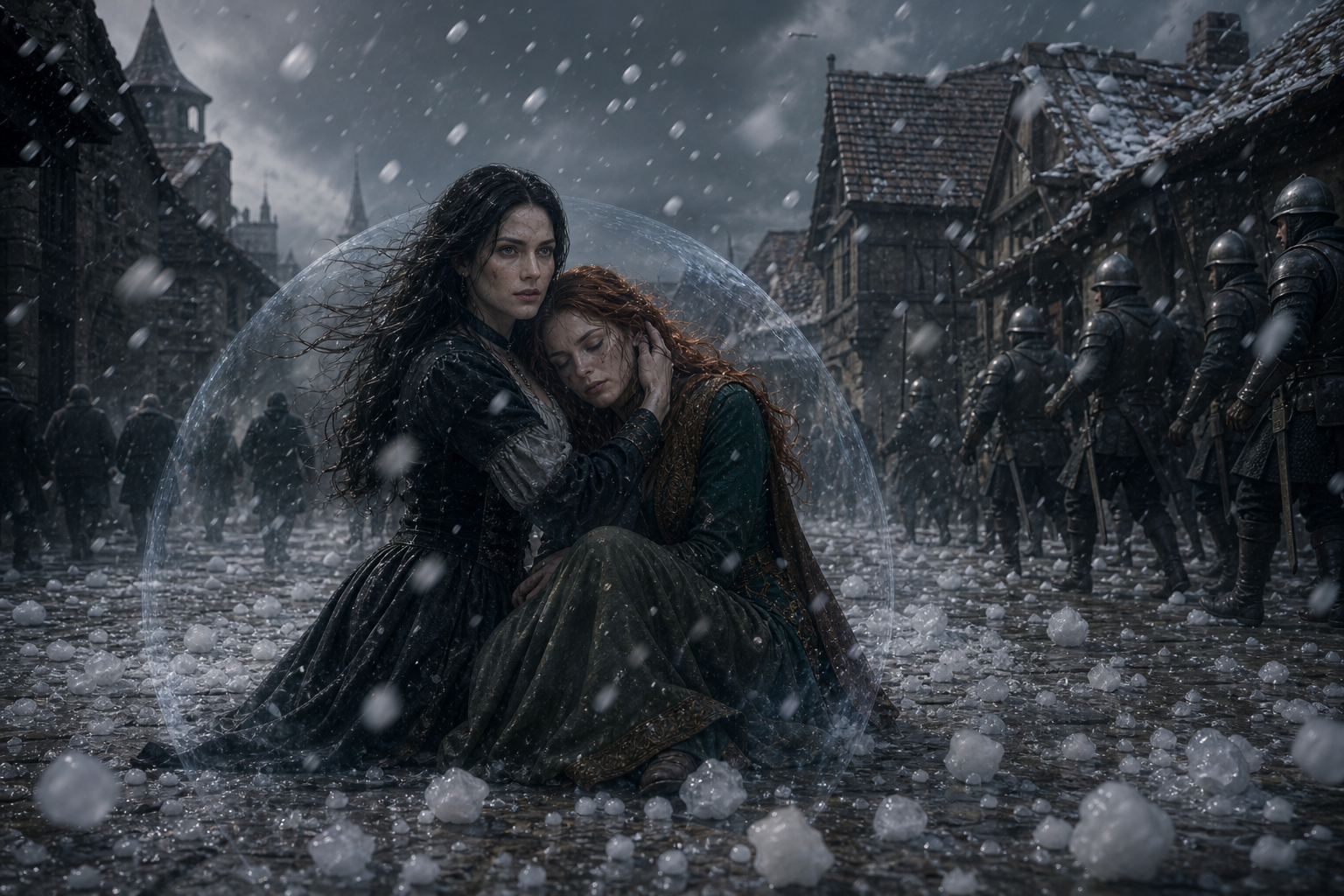 Yennefer i Triss z obrażeniami P19, ale bez nowych; Rivia, ciemne południe, grad i wiatr. Broń żołnierzy używana płazem, bez ciosów w kadrze. Referencje `yennefer-z-vengerbergu`, `triss-merigold`; `rivia`.