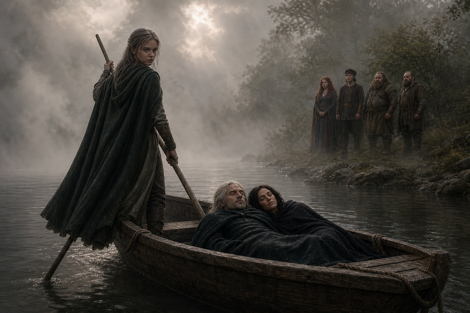 Ciri nieletnia; Geralt ciasno zabandażowany i osłonięty, Yennefer nieprzytomna i osłonięta. Triss ranna, Jaskier, Yarpen, Zoltan. Loc Eskalott, mgła po gradzie, cisza. Referencje wszystkich żywych postaci — identity; zmarli bez pełnych twarzy, tylko ulotne sugestie. `rivia` — brzeg.