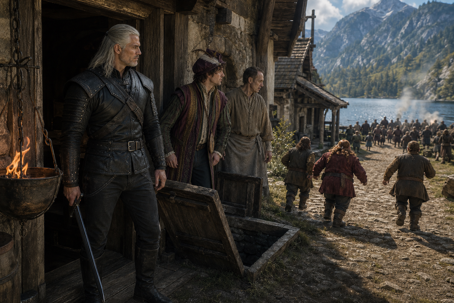 Geralt w pełnym stroju, bez ran z wideł i bez starego medalionu; sihill opuszczony. Jaskier bez broni, Wirsing blady. Wiązowo nad jeziorem, południe, dym w oddali. `geralt-z-rivii`, `jaskier`, `zoltan-chivay`, `yarpen-zigrin` tylko jako ukryte sylwetki w piwnicy; `rivia`.