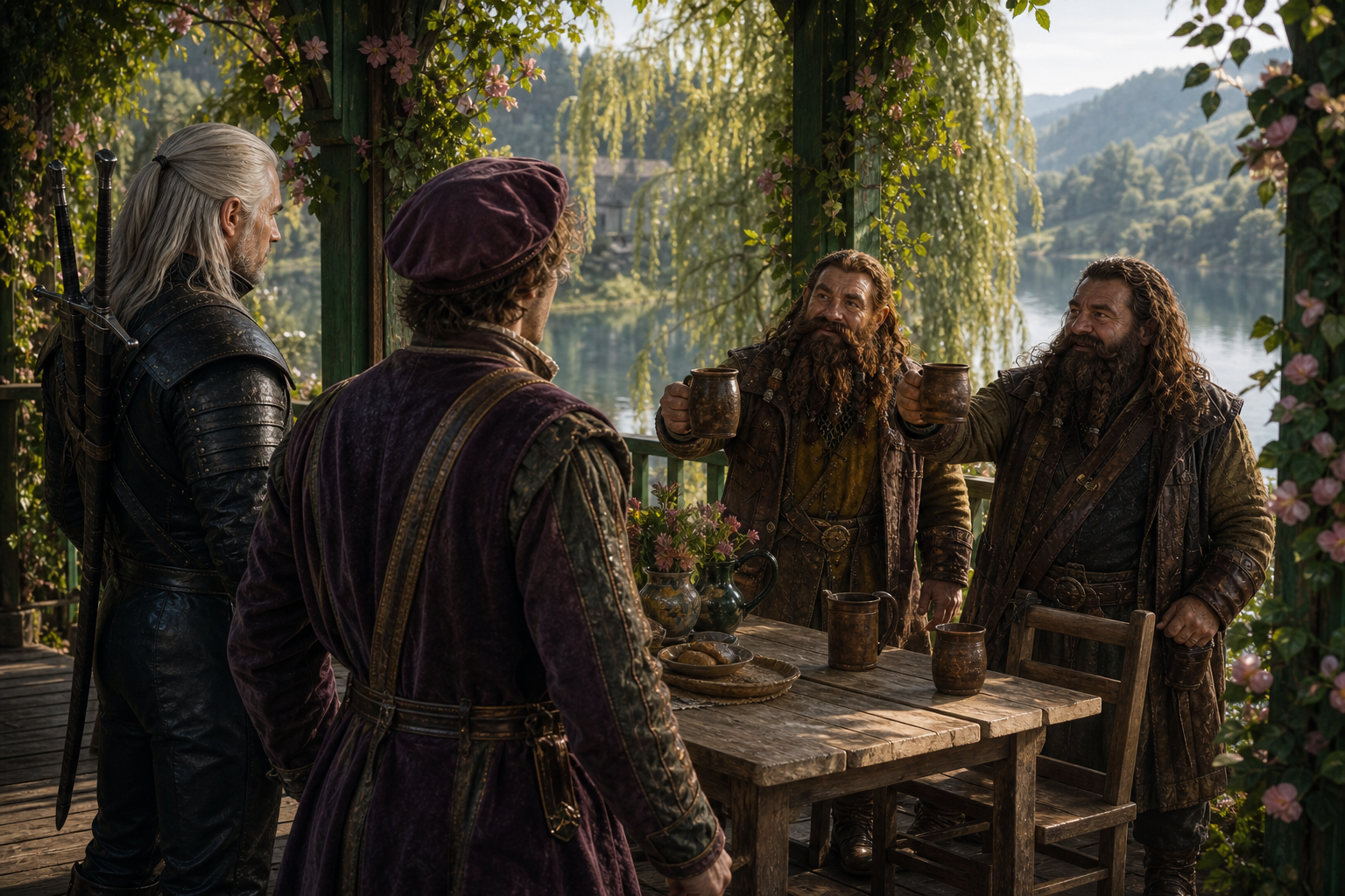 Geralt, Jaskier, Yarpen i Zoltan zgodni z referencjami; krasnoludy w cywilnych powojennych strojach, broń odłożona. Rivia-Wiązowo, późny ranek, ciepło. Kufle, bez papugi i bez napisów na gospodzie. `geralt-z-rivii`, `jaskier`, `yarpen-zigrin`, `zoltan-chivay`; `rivia`.