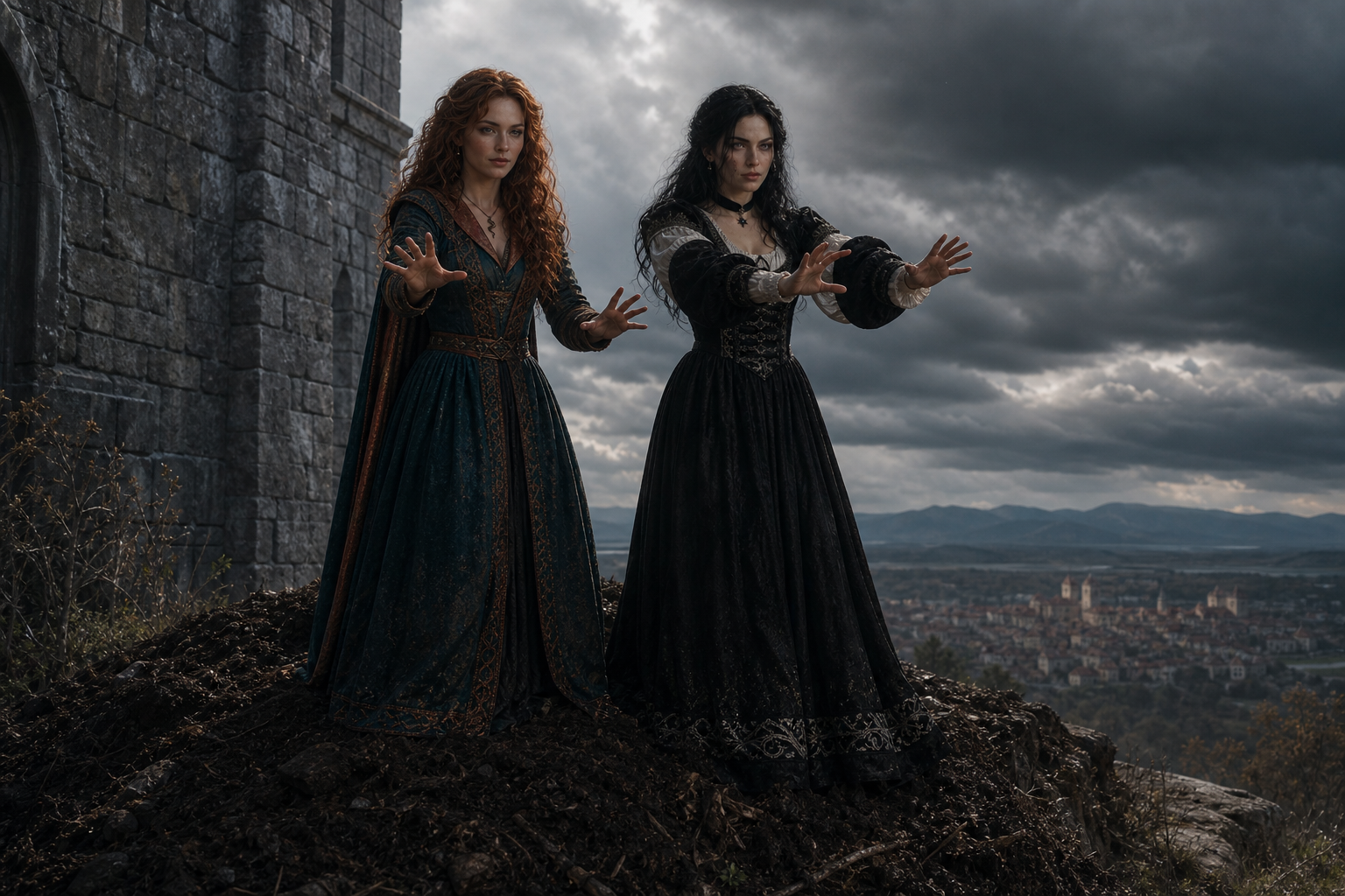 Triss z rozciętymi ustami, Yennefer z opuchniętą wargą, ułamany ząb niewidoczny, krew minimalna; pełne zniszczone stroje. Rivia, południe, gwałtowny spadek temperatury. Referencje `triss-merigold`, `yennefer-z-vengerbergu`; `rivia`.