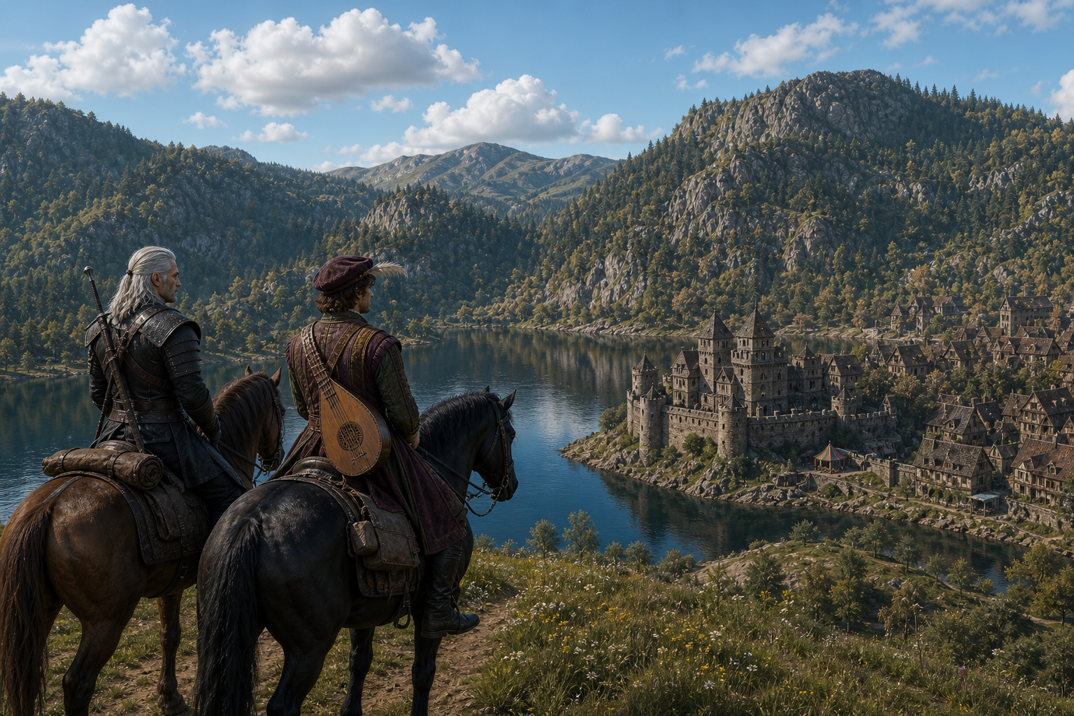Geralt bez starego medalionu, Jaskier z lutnią, oba konie poprawnie osiodłane. Rivia, czerwcowy pogodny poranek, zielone wzgórza Craag Ros. `geralt-z-rivii`, `jaskier` — identity; `rivia` — location continuity.